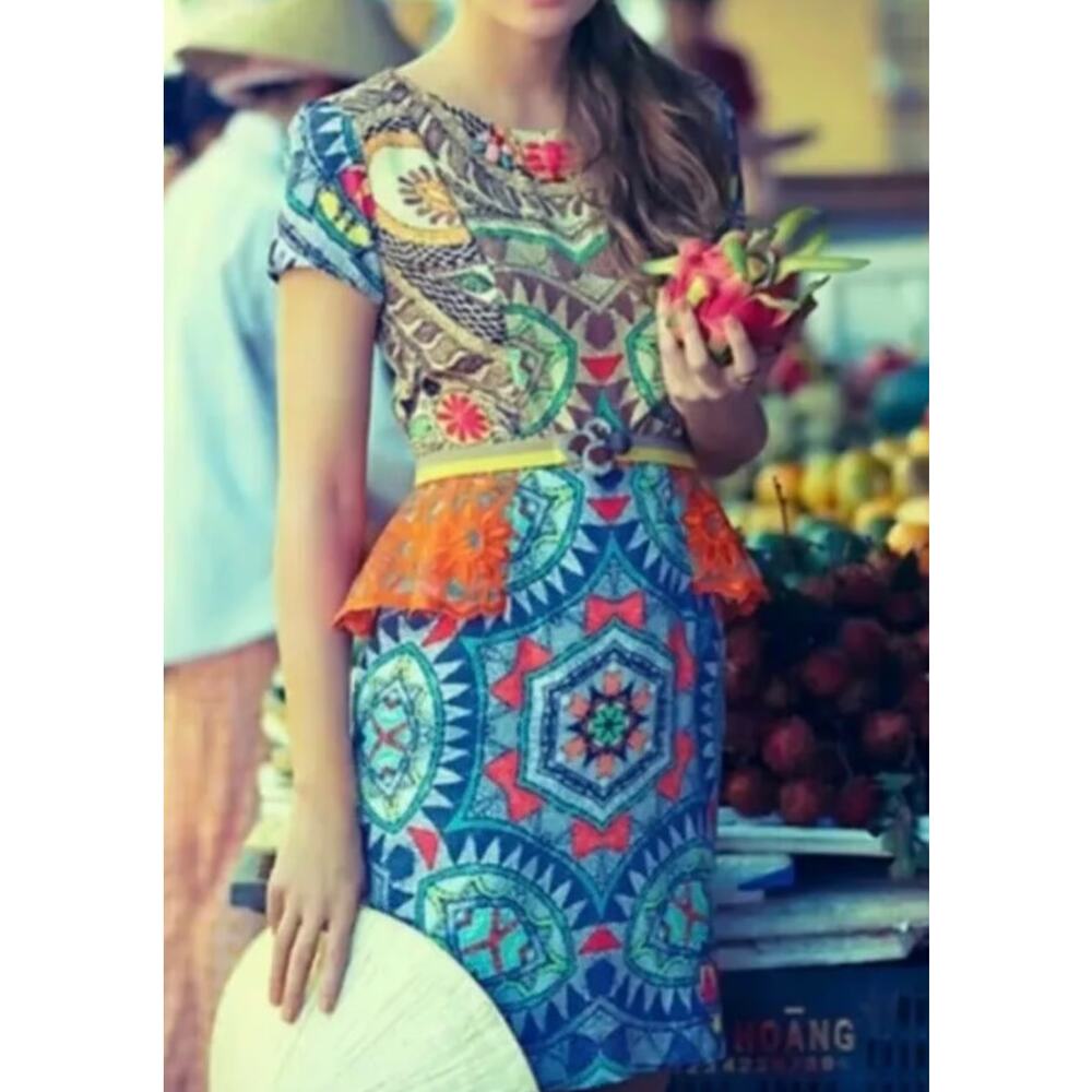 Hemant & Nandita Embroidered SZ 2 Peplum Dress Boho Artsy Multicolor - Picture 7 of 13